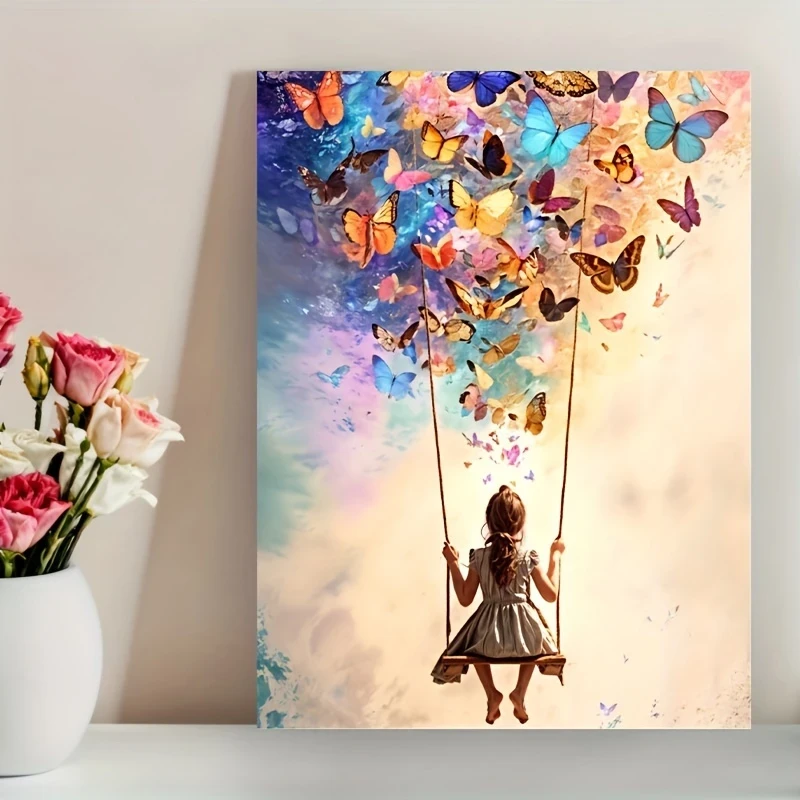 Dreamy Girl on a Swing Surrounded by Colorful Butterflies  Frameless Canvas Wall Art