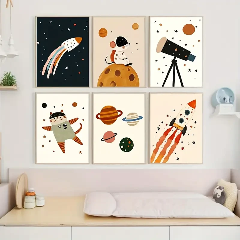 Set of 6 Unframed Outer Space Adventure Nursery Canvas Poster Print  Inspiring Space-Themed Wall Art for Youngsters Rooms