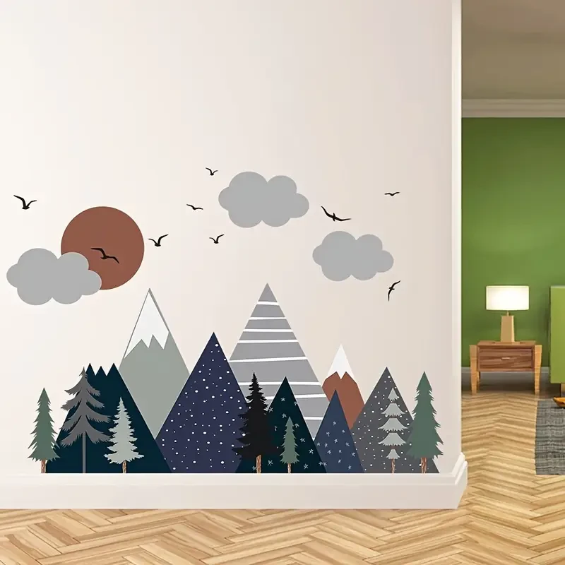 2pcs Boho Watercolor Wall Decals  Mountain, Sun, Tree & Bird Designs for a Creative, Natural Vibe