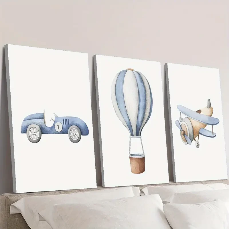 3pcs Wood Framed Canvas Print Art  Cute Watercolor Vehicles and Airplanes Art for Kids Rooms