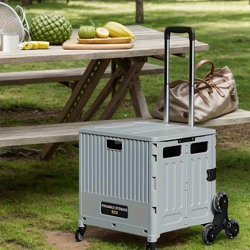 Foldable Grey Outdoor Storage Box with Multi-Wheel and Adjustable Handle  High-Capacity, Waterproof, Lightweight, and Portable Storage Solution for Gardens and Patios