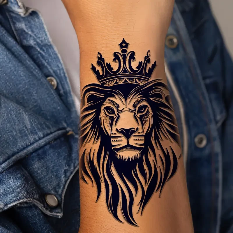 3-Pack Lion King Temporary Tattoos  Semi-Permanent Realistic Navy Blue Body Art, Crowned Lion Design, Long-Lasting 1-2 Weeks, 10.16x13.97 cm, for Adults