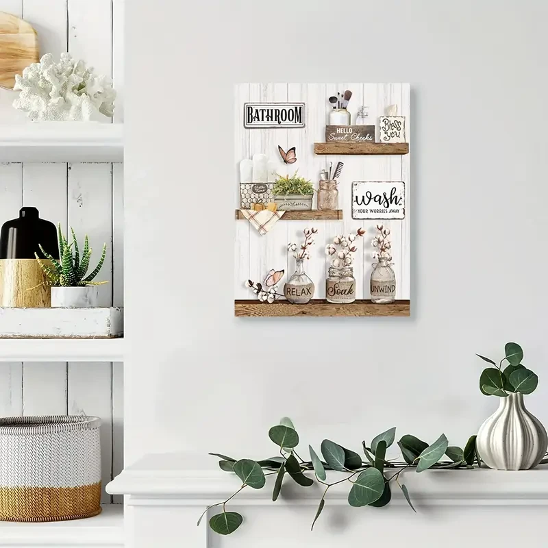 1pc Wooden Framed Farmhouse Bathroom Decor Wall Art Rustic Flower and Butterfly Canvas Print for Country Bathroom, "Soak, Relax, Unwind" Bathroom Wall Art, Framed and Ready to Hang 11.8"x15.7"