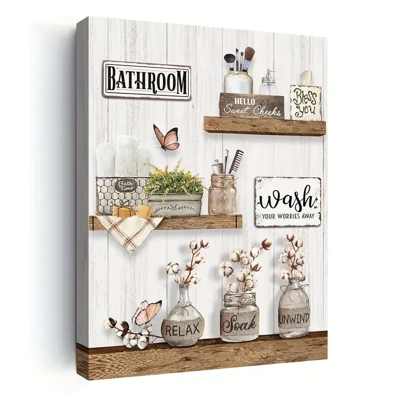 1pc Wooden Framed Farmhouse Bathroom Decor Wall Art Rustic Flower and Butterfly Canvas Print for Country Bathroom, "Soak, Relax, Unwind" Bathroom Wall Art, Framed and Ready to Hang 11.8"x15.7"