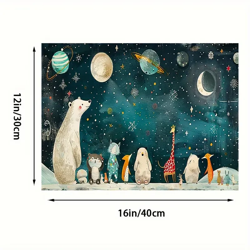 2D Animal Gathering Canvas Wall Art  Whimsical Forest Scene with Polar Bear, Deer, and Squirrels, Frameless 16x12, Ideal for Home, Bedroom, Kitchen, Bathroom, Hotel, Cafe, Office, and More