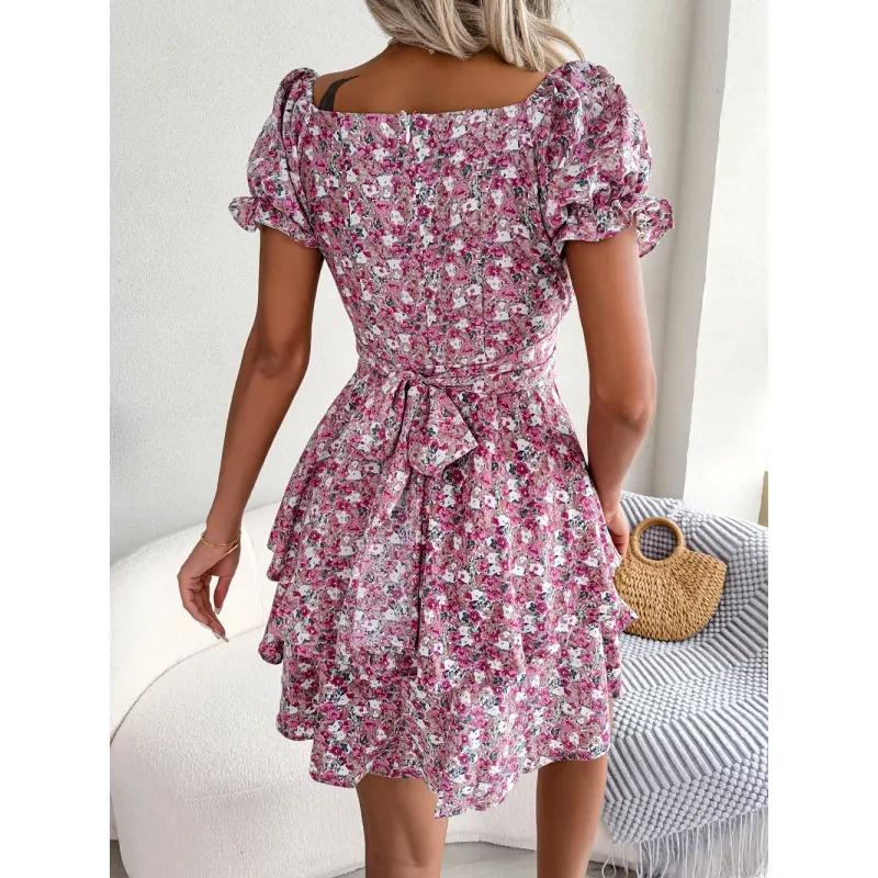 Women Mini Dress Temperament Big Swing Loose Hem Flower Print Shirring Dress Up Short Sleeves High Waist Summer Dress Clothes