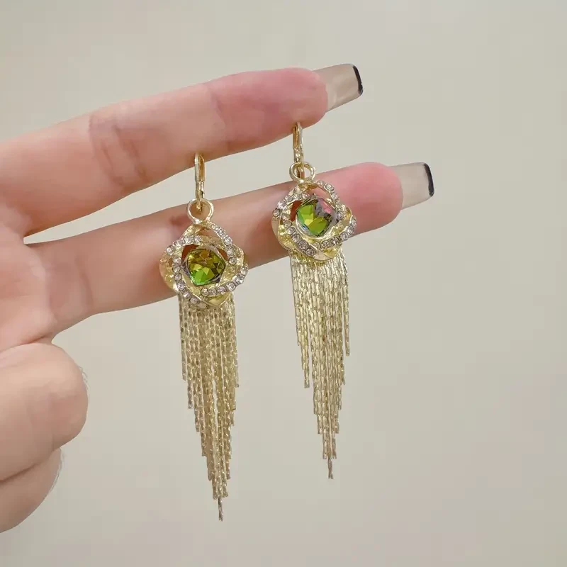 Elegant Golden Tassel Earrings with Sparkling Synthetic Zirconia Stones Perfect for Parties, Everyday Fashion, and Gift-Giving