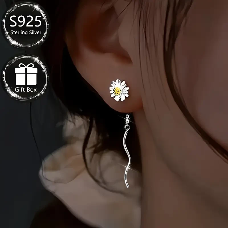 1 Pair of S925 Sterling Silver Fashion Womens Dangling Earrings  Elegant Daisy Line Tassel Design for Everyday and Special Occasions