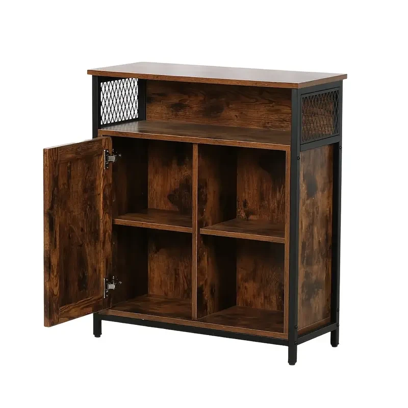 Industrial Sideboard Buffet Cabinet with Open Compartment and 5 Shelves  Rustic Brown Finish with Stable Metal Frame, Half-Door Design, Perfect for Living Room and Home Storage