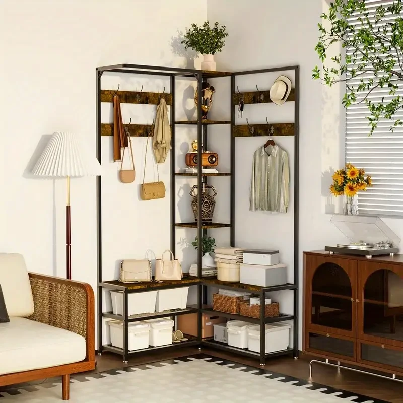 Heavy Duty Freestanding Corner Coat Rack with Shoe Bench & 10 Hooks  Metal & Hardwood Construction, Rustic Brown & Black, Multi-Purpose Entryway Organizer for Hallways, Condos, and Apartments