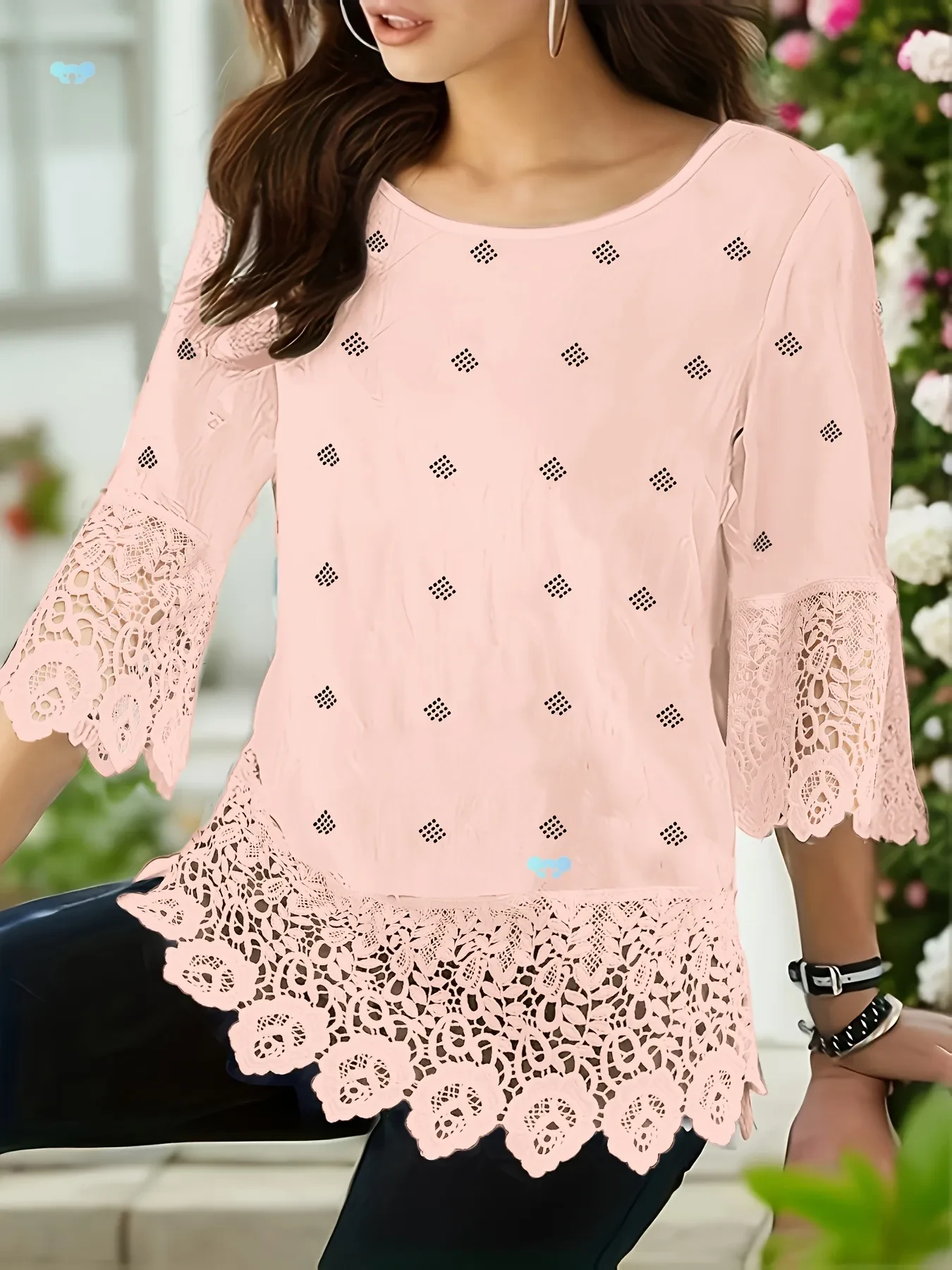 Solid Color Lace Trim Shirt Three-quarter Sleeve Solid Color Contrast Color Lace