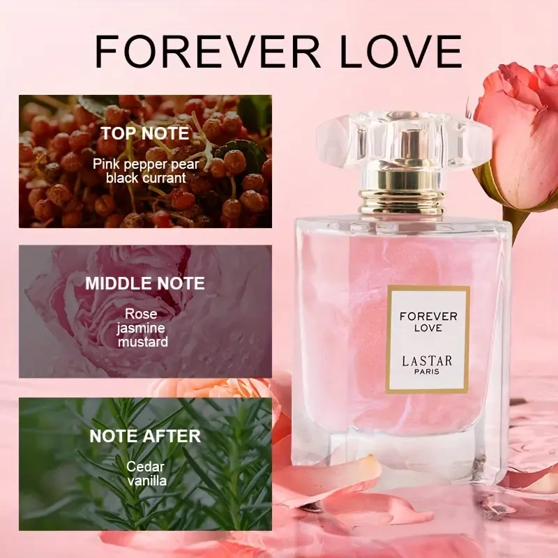 1pc LASTAR Paris Forever Love Eau de Cologne for Women  Floral Scent with Rose & Jasmine Notes, Long-Lasting Fresh Fragrance, Alcohol-Based, Formaldehyde-Free, Ideal for Daily Wear & Special Occasions
