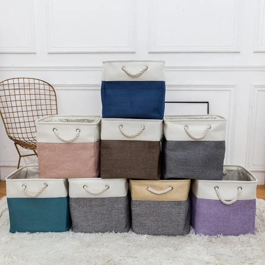 Linen Stitching Foldable Storage Box With Cotton Rope Handle Toy Storage Basket Daily Necessities Organizing Basket