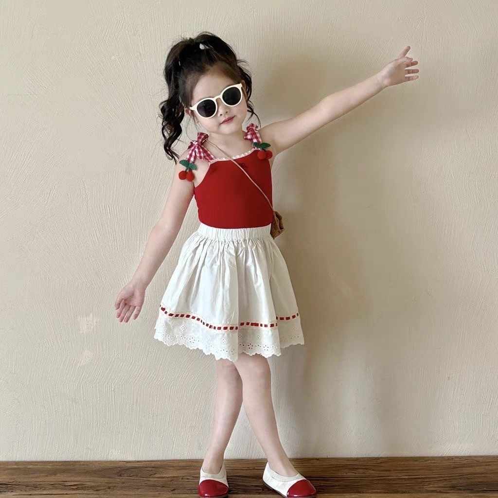 Girl's Strap Skirt Lace Two-piece Overskirt Suit