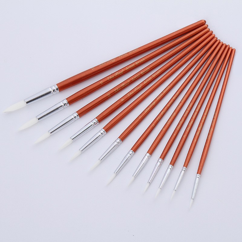 12Pcs Lot Round Shape Nylon Hair Wooden Handle Paint Brush Set Tool For Art School Watercolor Acrylic Painting