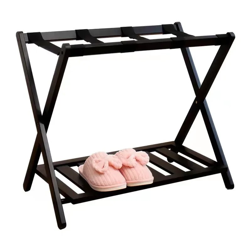 Foldable Luggage Rack Wooden Floor Standing with Shoes Shelf
