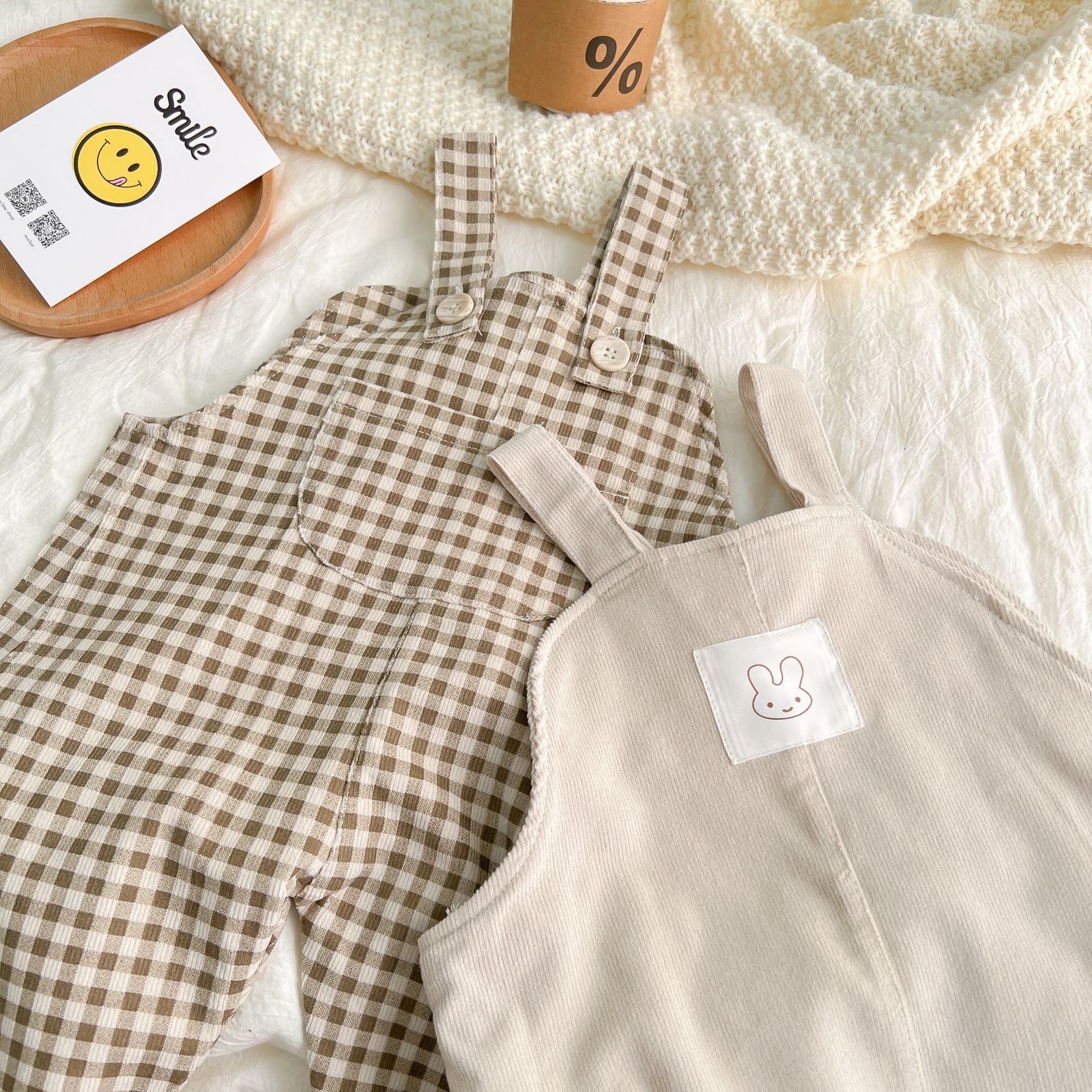 INS Pop Spring And Autumn Infant Simple Plaid Corduroy Overalls