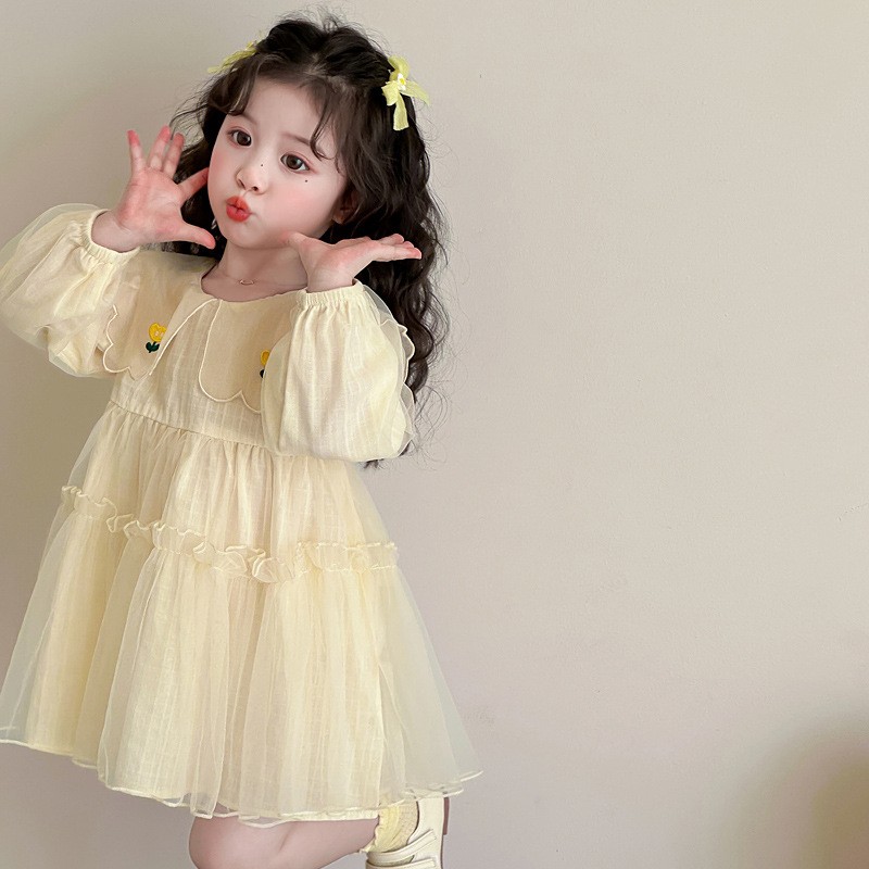 Girls Navy Collar Long Sleeve Dress