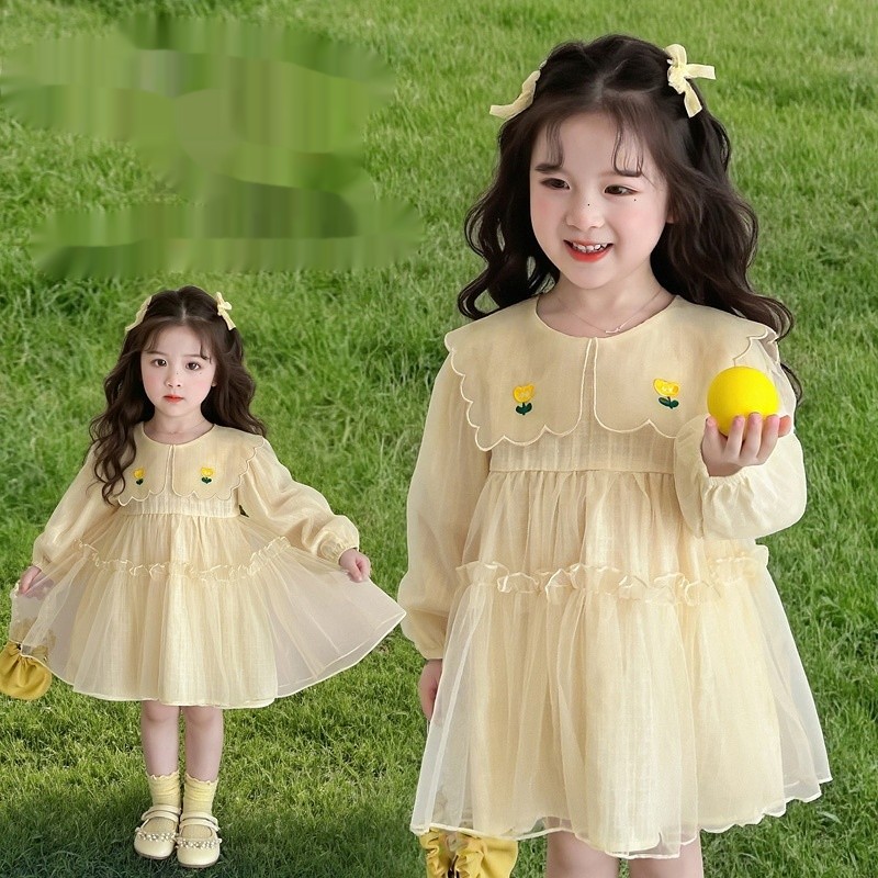 Girls Navy Collar Long Sleeve Dress