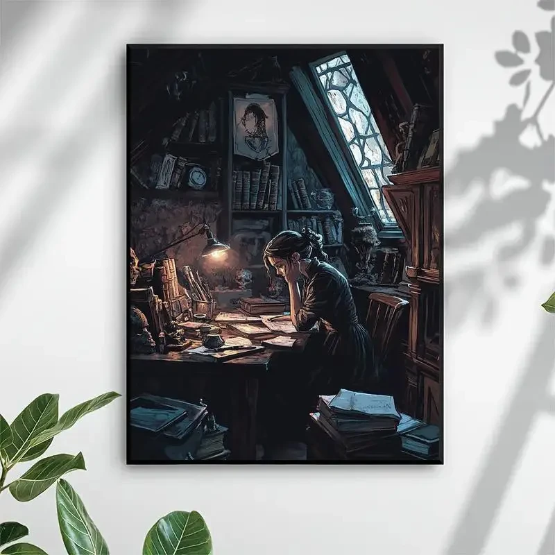 1pc Unique Creative Poster of a Girl Reading Under an Antique Study Lamp  A Captivating Wall Art Print for Thoughtful Spaces
