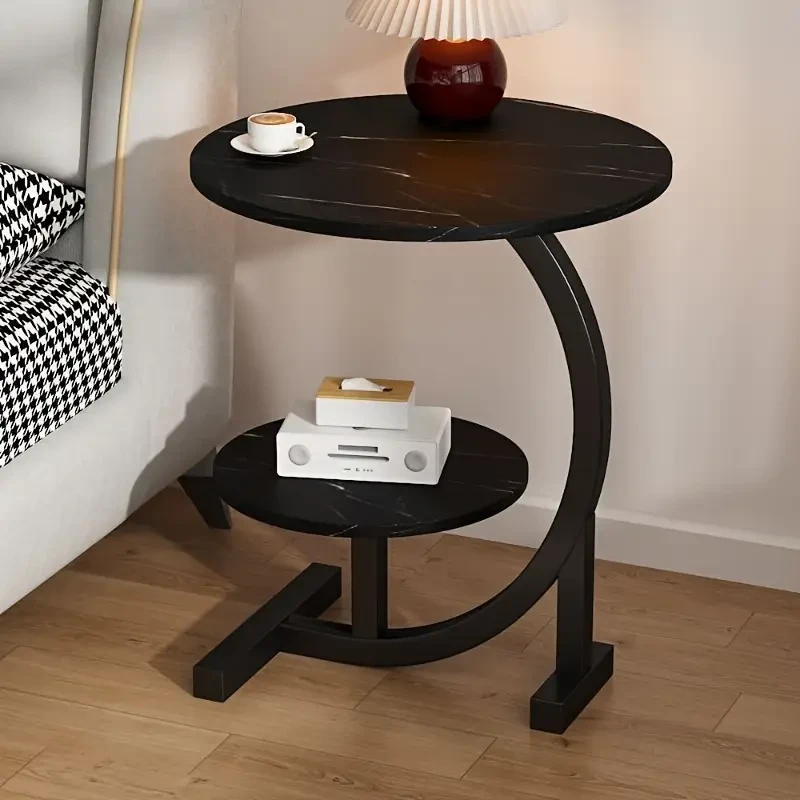 1pc Modern Minimalist Circular Bedside Table  Sleek Stainless Steel Frame with Marble Top for Home & Sofa Living