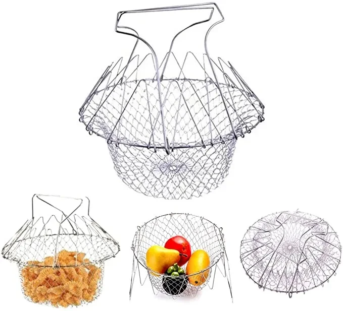 Deep Fry Basket Stainless Steel Multi-function Foldable Chef Cooking Basket Flexible Kitchen Tool for Fried Food Washing Fruits Vegetables