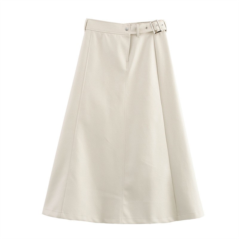 High Waist Pure Color With Belt A- Line Faux Leather Midi Skirt Skirt