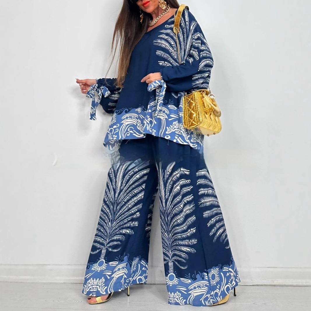 Vintage Floral Print Long Sleeves Top Wide Leg Pants Suit