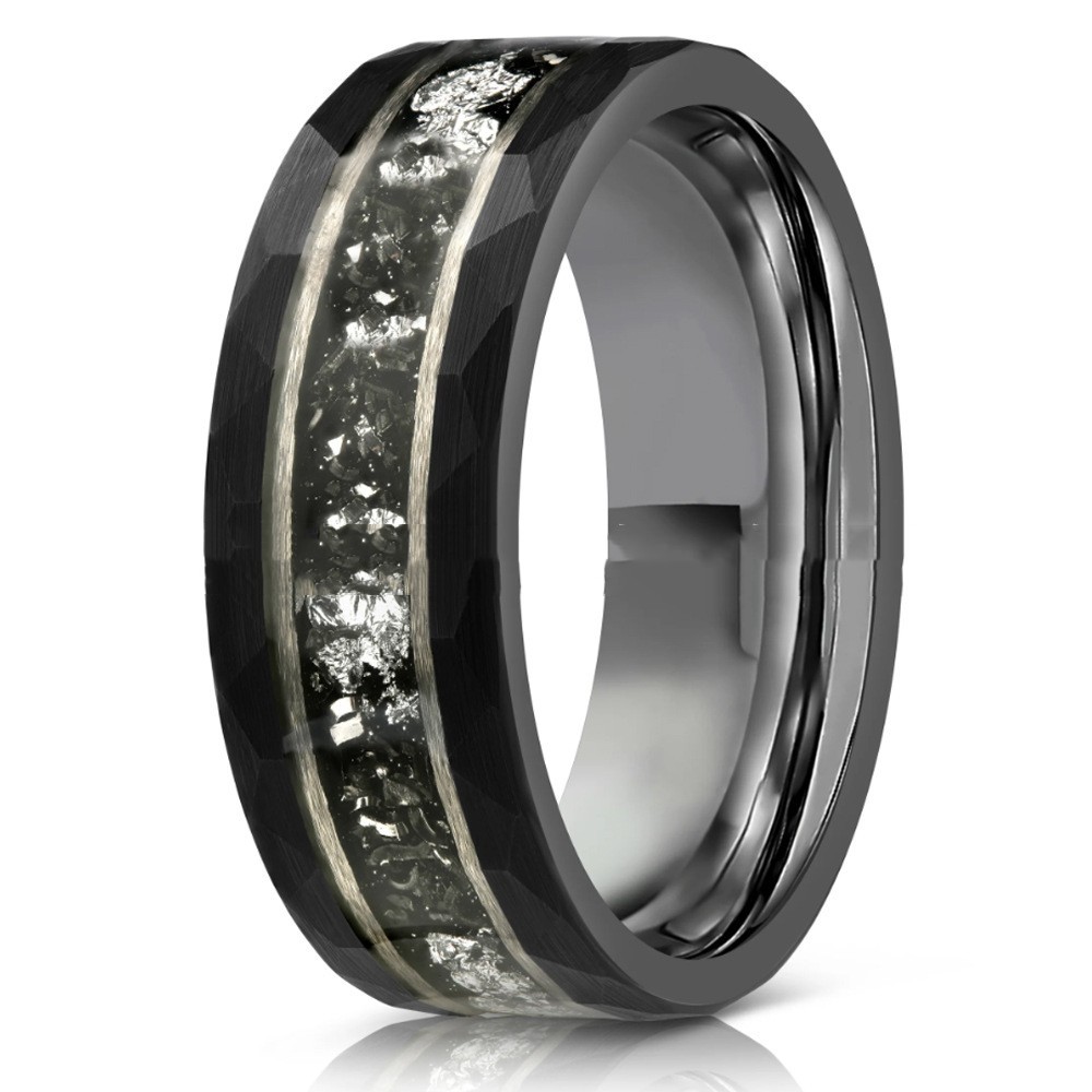 8mm Electric Black Hammer Pattern Tungsten Ring Steel Color Inner Step Inlaid Iron Chips Silver Foil