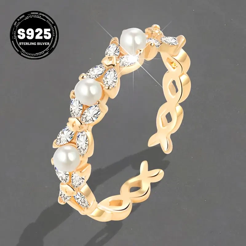 Elegant 925 Sterling Silver Open Ring with Cubic Zirconia and Imitation Pearl  Grace in Every Gesture