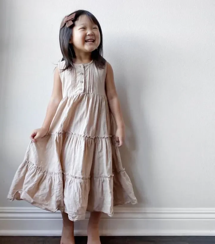 European and American Summer New Products Girls Linen Skirt Lace Pleated Sleeveless Princess Dress