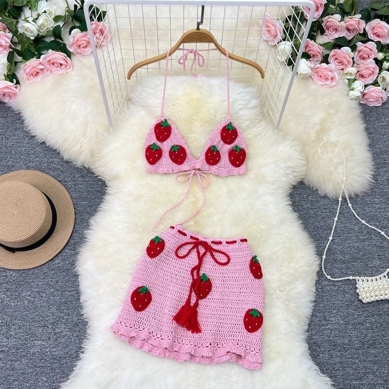 Vacation Style Sweet Knitted Strawberry Sling Tube Top Short Vest Hip Skirt