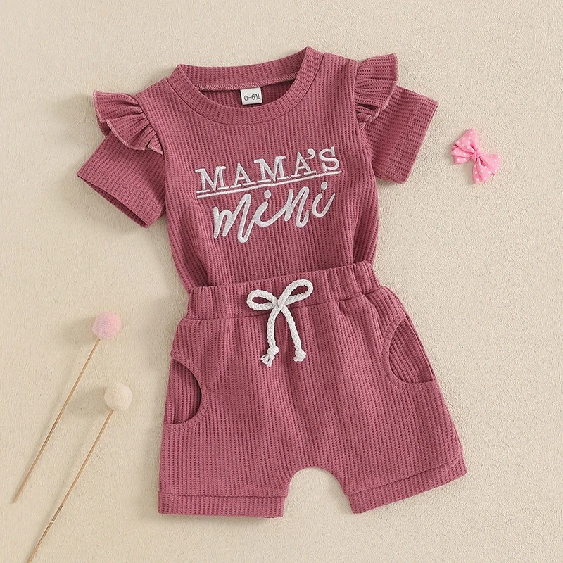 Girls Fashion Letter I Embroidery Waffle Suit