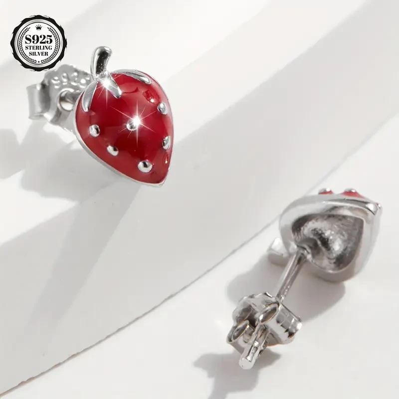 2pcs Womens Fashion Earrings S925 Silver Cute Strawberry Studs  Sweet and Elegant Womens Earrings