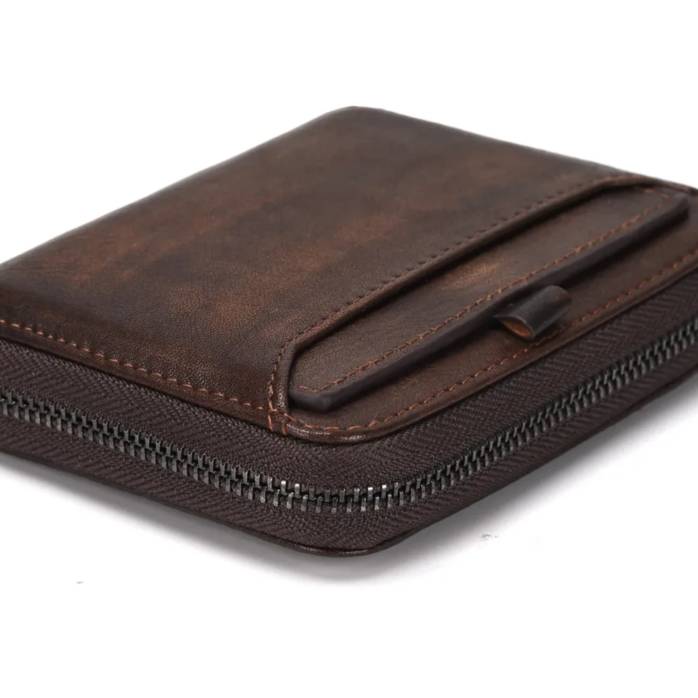 Men'S Short Head Leather Wallet Men'S Retro Wallet Vertical Zipper Leisure Youth Wallet