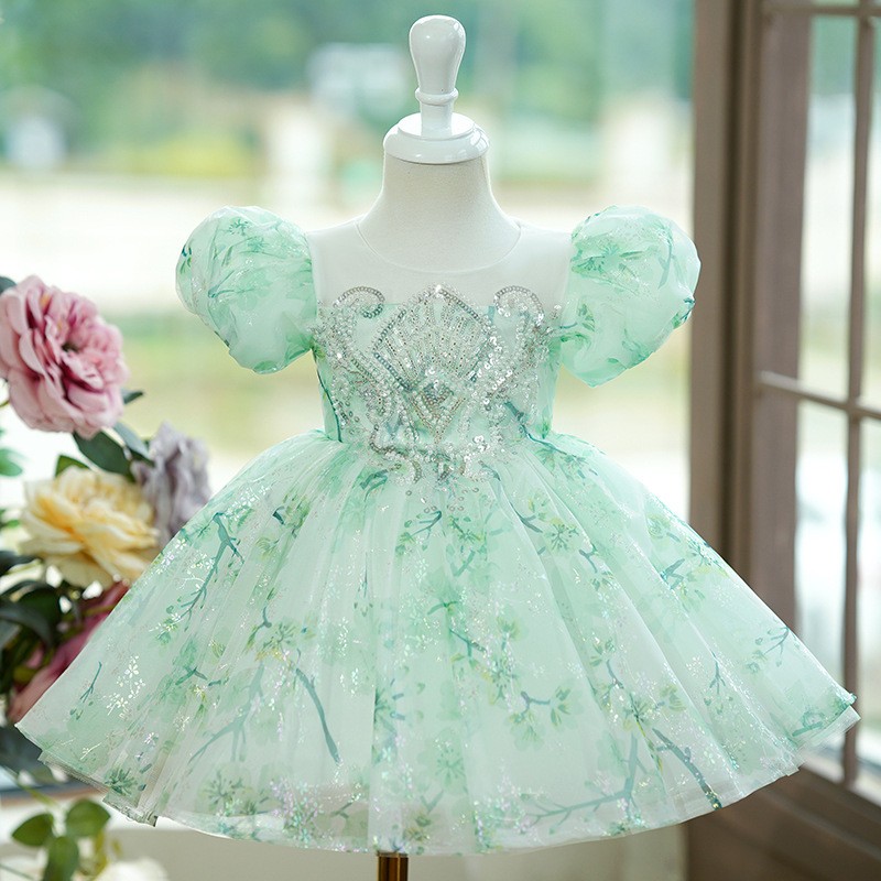 Mint Green One-year-old Puff Sleeve Fluffy Gauze Princess Dress