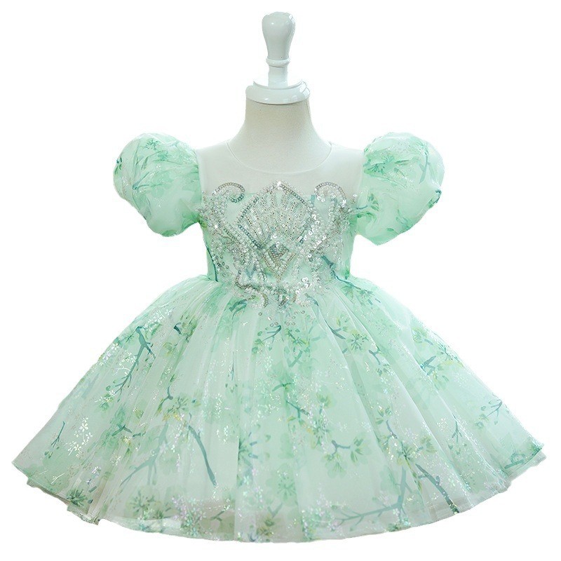 Mint Green One-year-old Puff Sleeve Fluffy Gauze Princess Dress