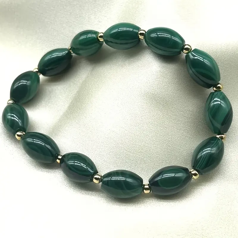Elegant Stretchy Malachite Beaded Bracelet - Genuine Green Peacock Stone, 1.2cm x 0.7cm Oval Beads, Versatile for Daily & Vacation Wear