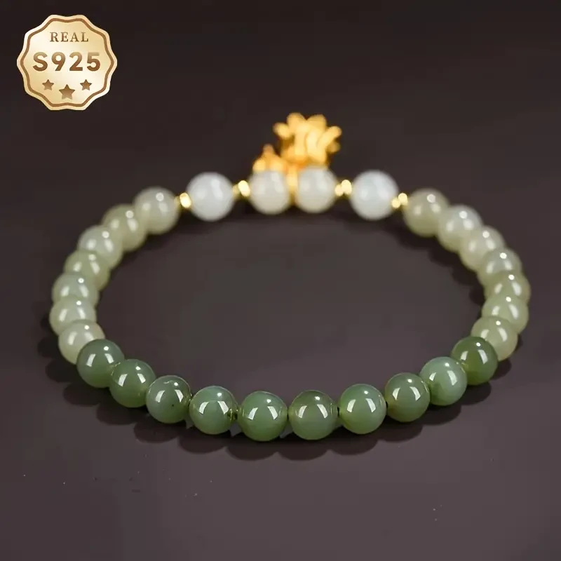 A Stylish Bracelet for Women Featuring 5-6mm Green Gradient Beads, S925 Silver Lily of The Valley, Designed with Elastic Cord
