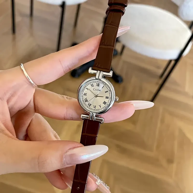 NASIR Vintage-Inspired Womens Quartz Watch with Brown Calfskin Strap & Golden-Tone Stainless Steel Case - Elegant Analog Display for Casual Attire, Stylish Retro Design, Watch Accessories