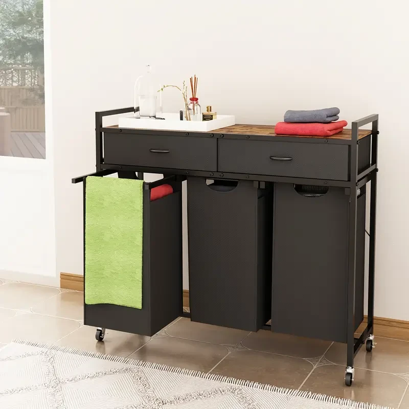 Movable Laundry Cart with Wheels, Three-Compartment Dirty Clothes Cart, Storage Laundry Bags, Metal Frame Laundry Sorting Storage Baskets, Large Capacity for Organizing the Laundry Room, Pull-Out and Detachable Laundry Cabinet