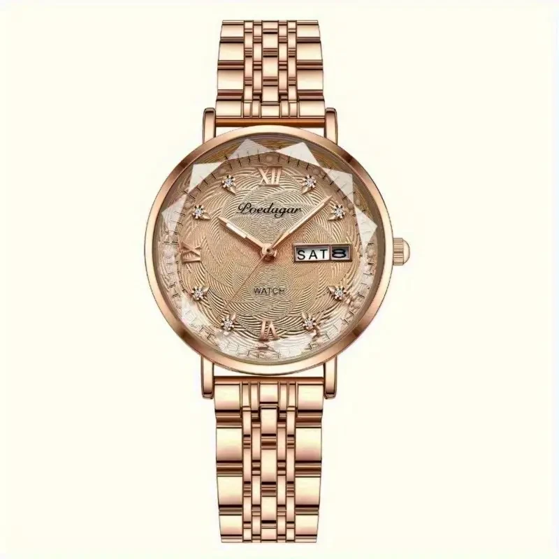 1pc POEDAGAR Elegant Women's Quartz Watch - Luxurious Rose Golden-Tone with Luminous Hands, Calendar Display, Alloy Case & Band, Quartz Movement, Fashion Accessory