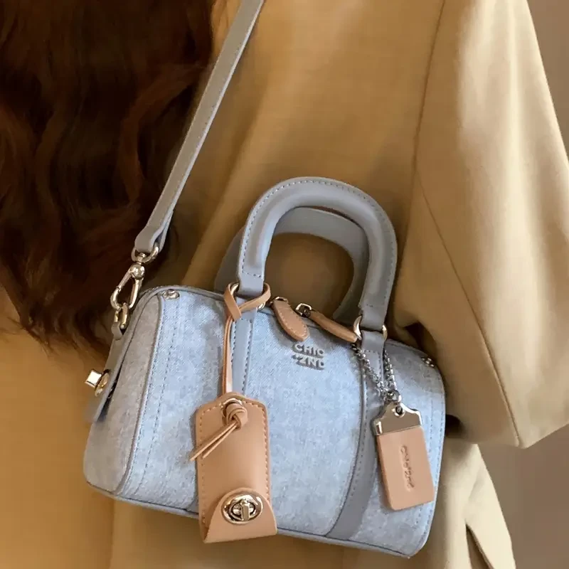 Women's 2024 New Light Blue Cowboy Pillow Bag, Versatile Handbag with Shoulder Strap, Solid Color, Zipper Closure, Polyester Lined, Edge Paint Detail