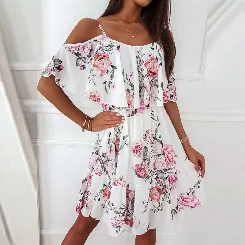 Flower Printed Ruffled Suspender Dress Women