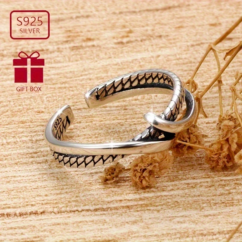 "925 Silver Adjustable Open Ring for Women  Vintage-Inspired Minimalist Design, Versatile & Stylish Accessory for Christmas Parties, New Years Eve, Music Festivals, and Casual Attire, Durable Zirconia Accents