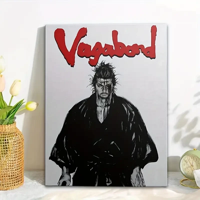 1pc Vagabond Samurai Warrior Anime Framed Canvas Art Print  Stylish Black & White Design with Red Accents