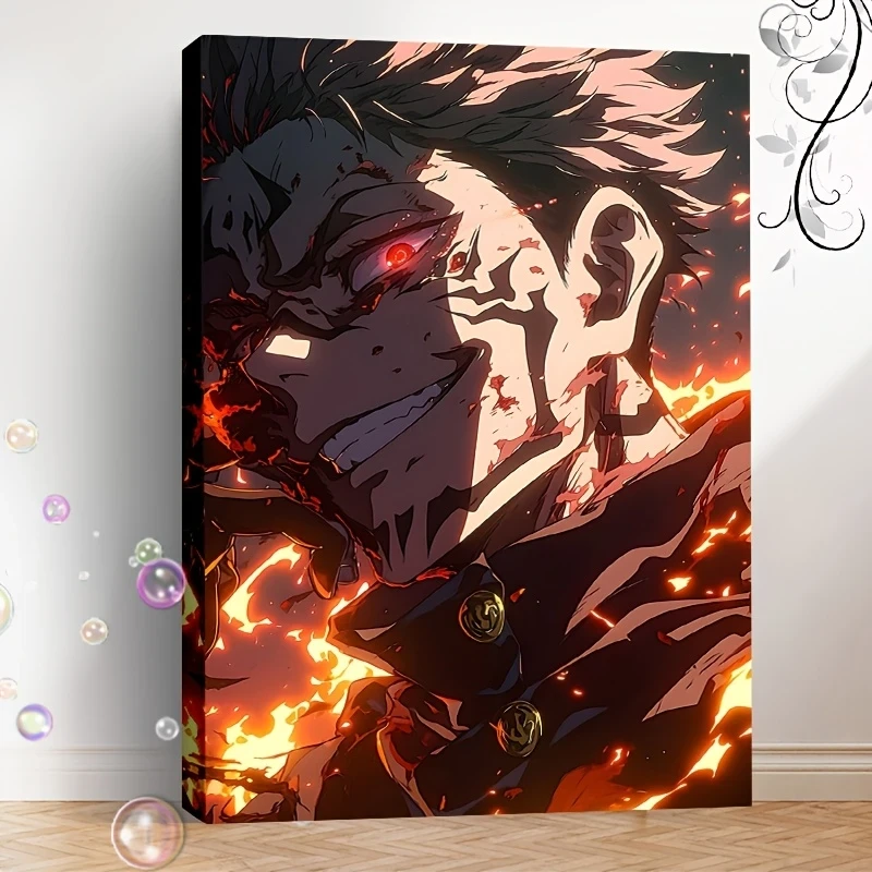 1pc Framed Anime Curse Warlock Canvas Wall Art  Vibrant Flame & Red Eye Character Print