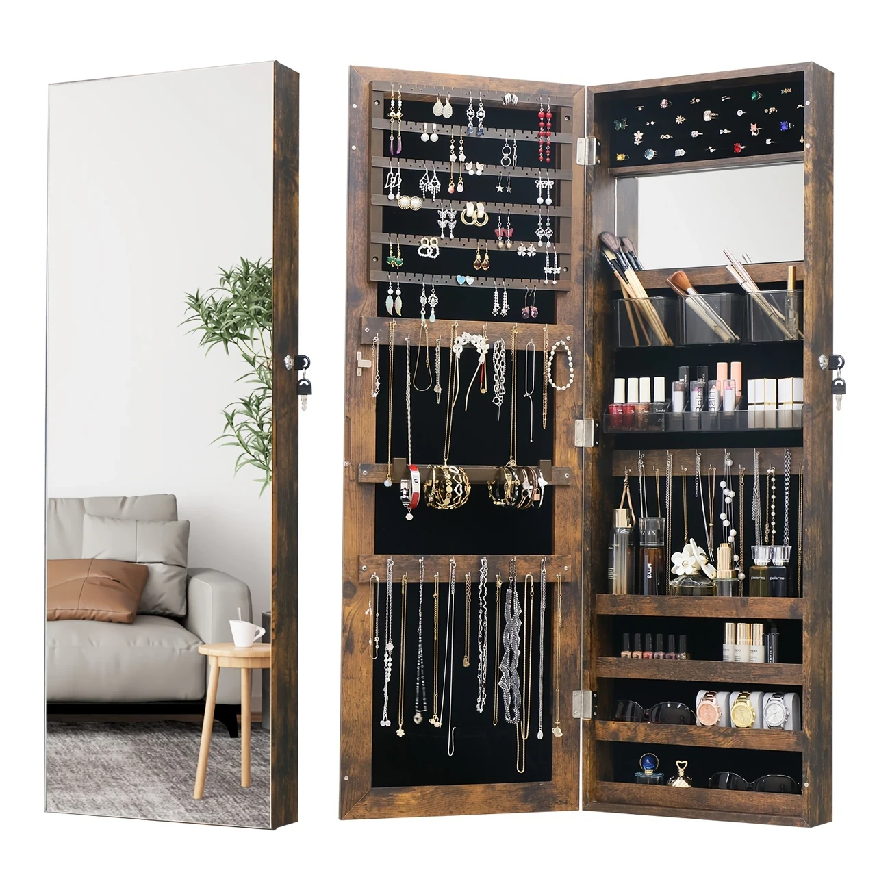 High-Wall Mirror Jewelry Cabinet with Black Frame