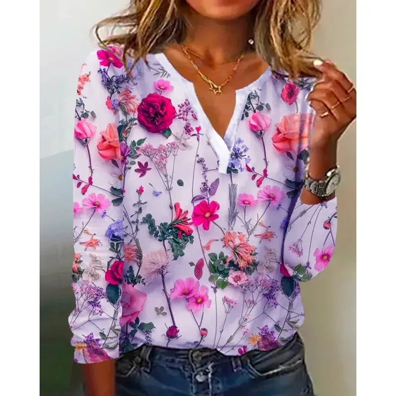 Women's Printed V-neck Long-sleeved T-shirt Top