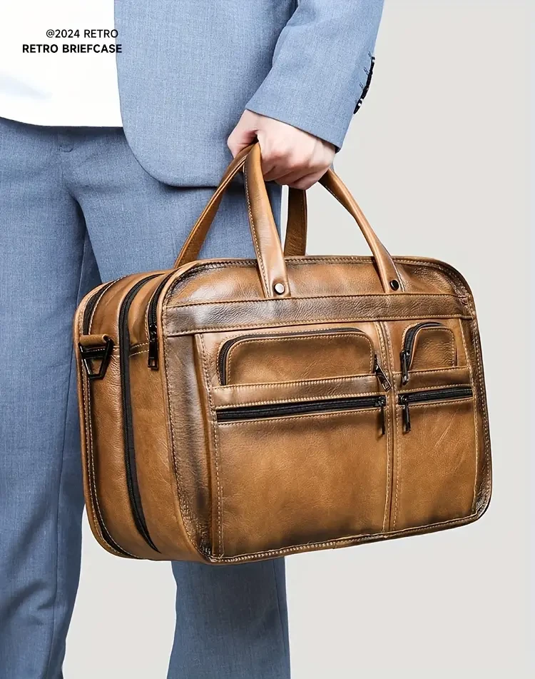 Vintage Style Simple Genuine Leather Men's Briefcase, Top Layer Cowhide Multi-layer Business Handbag, 13.3-inch Computer Bag, Ideal Gifts For Husband & Father